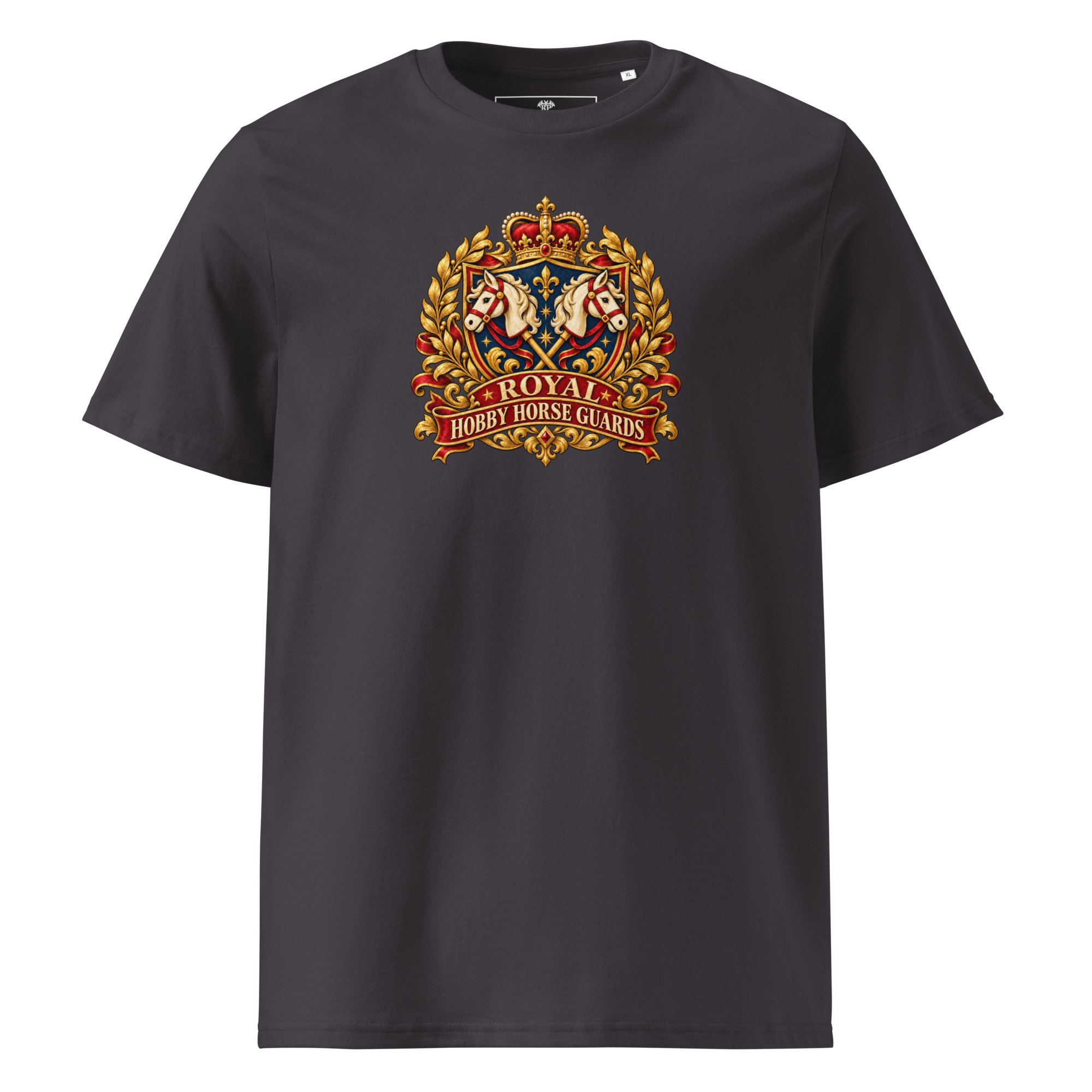 Hobby Horse T-Shirt mit Royal Hobby Horse Guards Vintage-Wappen und gekreuzten Hobby Horses in Anthracite