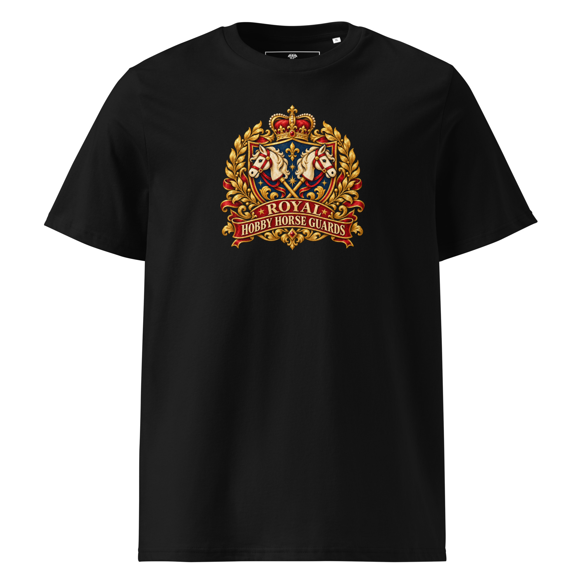 Hobby Horse T-Shirt mit Royal Hobby Horse Guards Vintage-Wappen und gekreuzten Hobby Horses in Schwarz