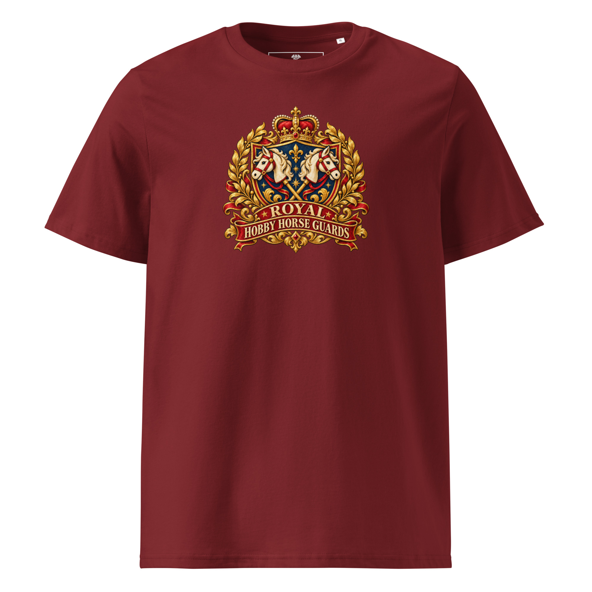 Hobby Horse T-Shirt mit Royal Hobby Horse Guards Vintage-Wappen und gekreuzten Hobby Horses in Burgundy