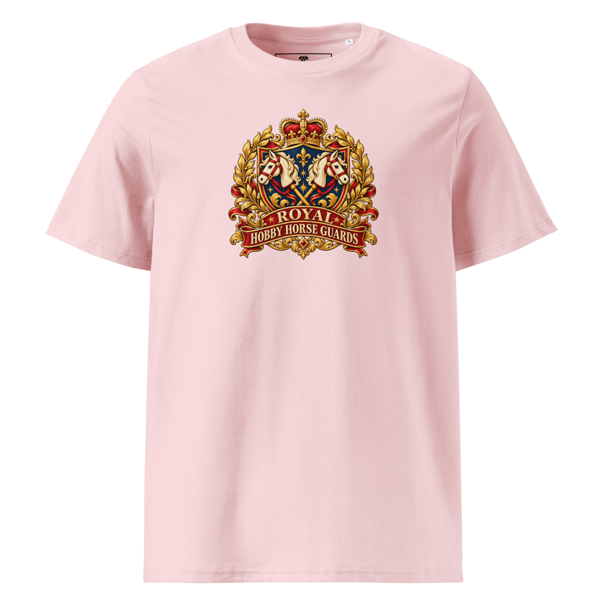 Hobby Horse T-Shirt mit Royal Hobby Horse Guards Vintage-Wappen und gekreuzten Hobby Horses in Cotton Pink