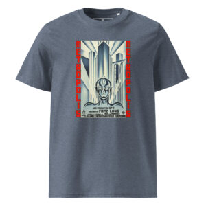 Metropolis T-Shirt mit dem seltenen Filmplakat von Boris Bilinsky (1927) in Dark Heather Blau.