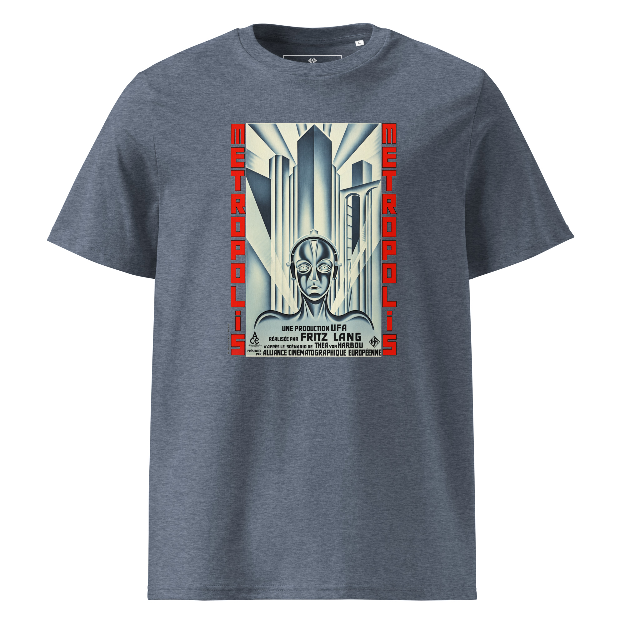 Metropolis T-Shirt mit dem seltenen Filmplakat von Boris Bilinsky (1927) in Dark Heather Blau.