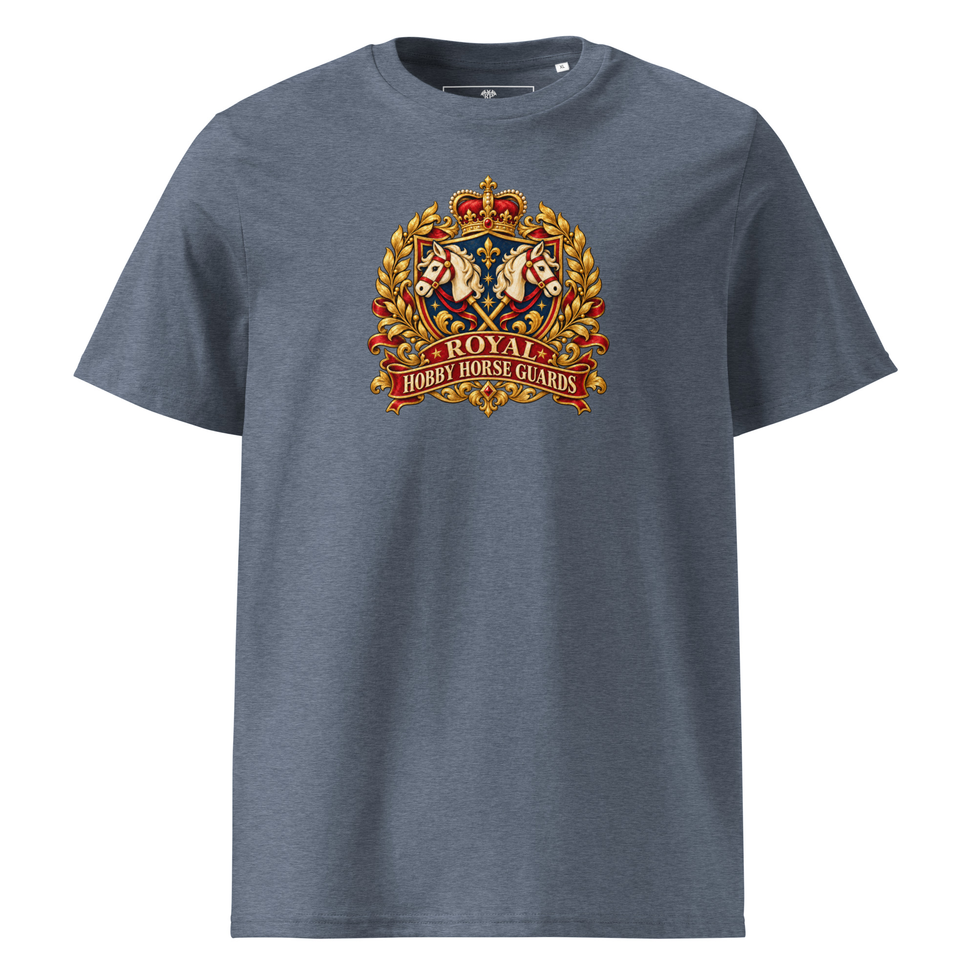 Hobby Horse T-Shirt mit Royal Hobby Horse Guards Vintage-Wappen und gekreuzten Hobby Horses in Dark Heather Blue