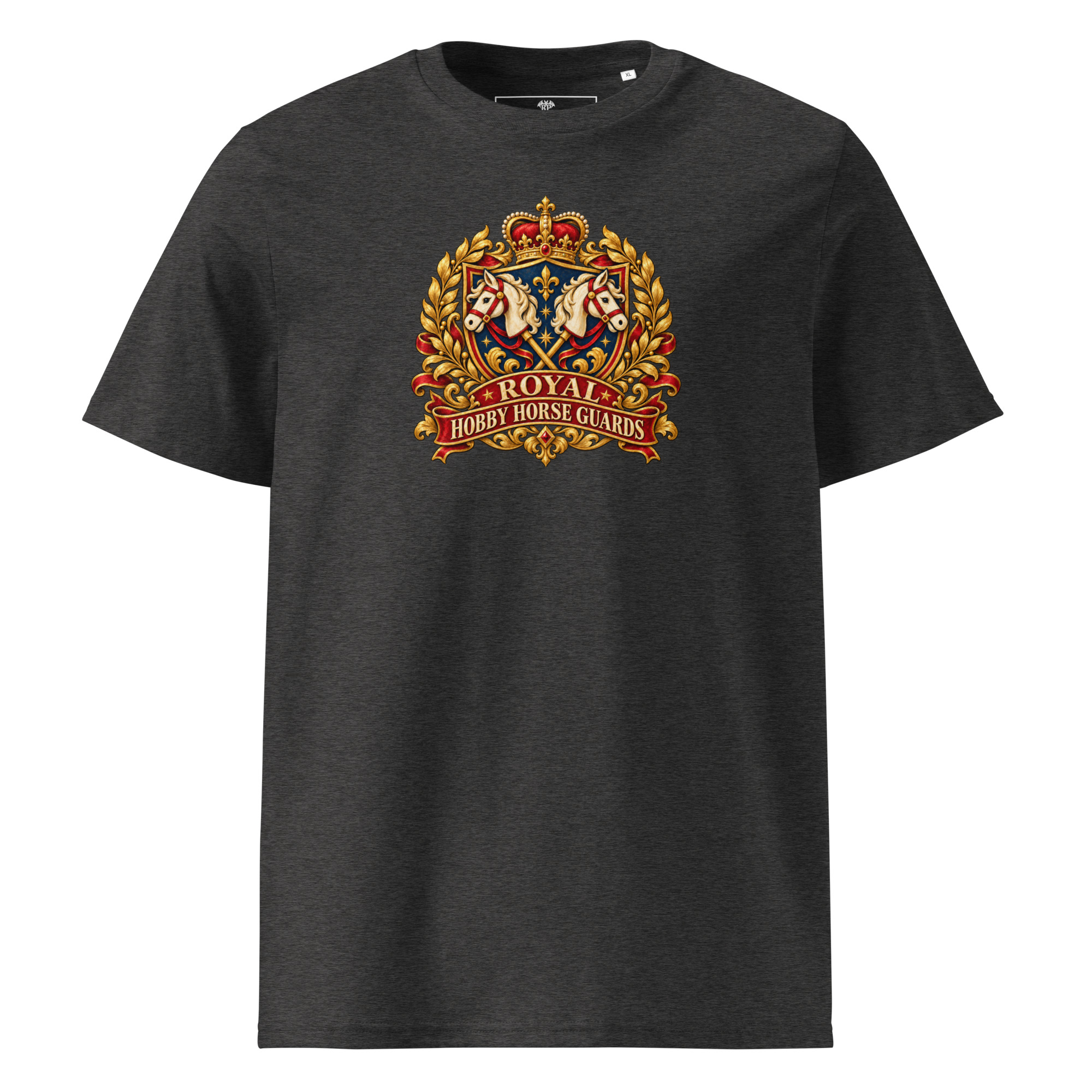 Hobby Horse T-Shirt mit Royal Hobby Horse Guards Vintage-Wappen und gekreuzten Hobby Horses in Dark Heather Grey