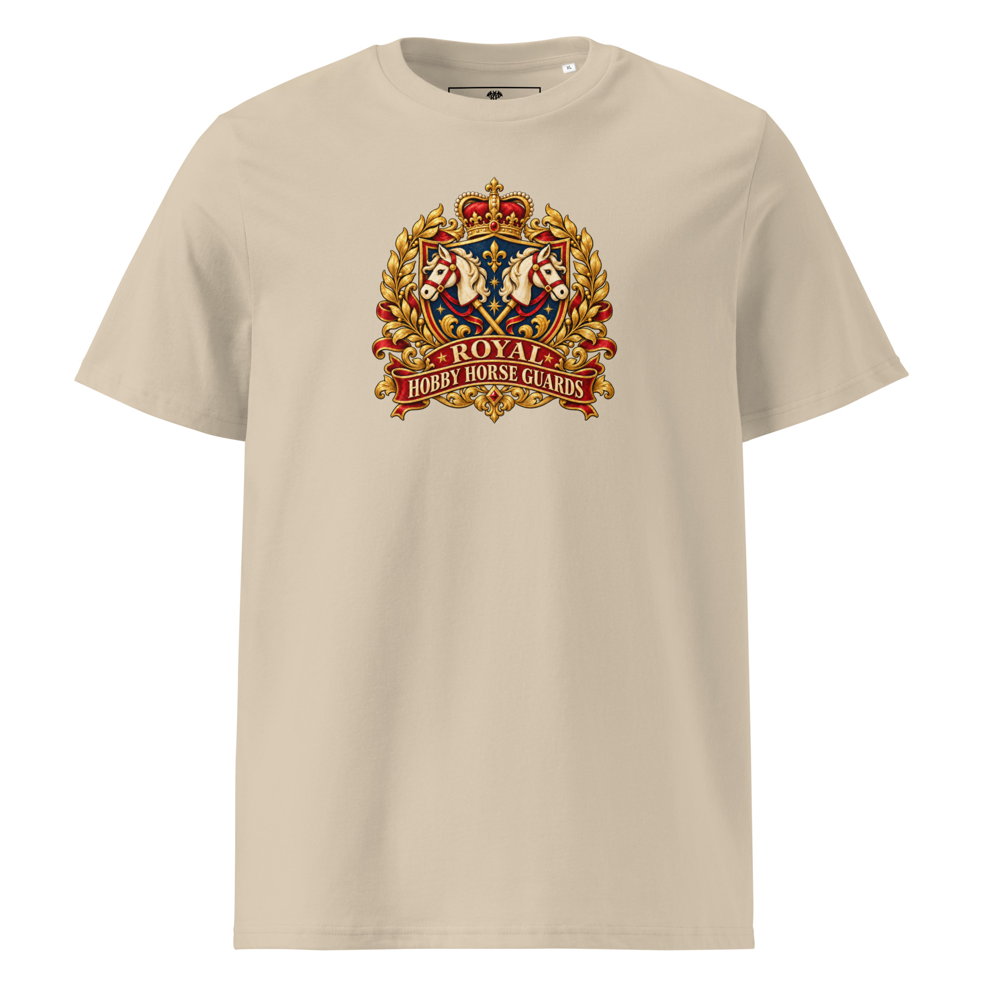Hobby Horse T-Shirt mit Royal Hobby Horse Guards Vintage-Wappen und gekreuzten Hobby Horses in Desert Dust