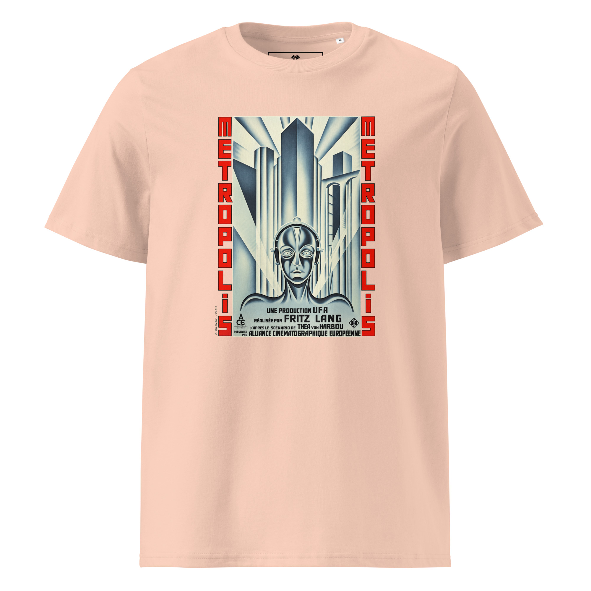 Metropolis T-Shirt mit dem seltenen Filmplakat von Boris Bilinsky (1927) in Pfirsich.