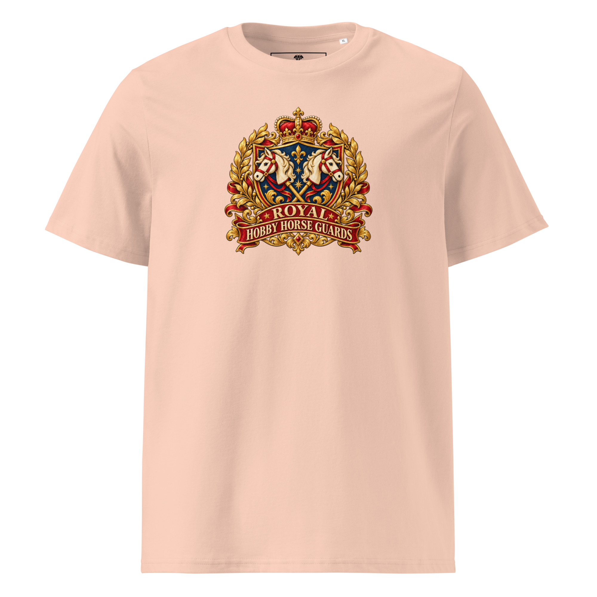 Hobby Horse T-Shirt mit Royal Hobby Horse Guards Vintage-Wappen und gekreuzten Hobby Horses in Peach