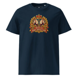 Hobby Horse T-Shirt mit Royal Hobby Horse Guards Vintage-Wappen und gekreuzten Hobby Horses in French Navy