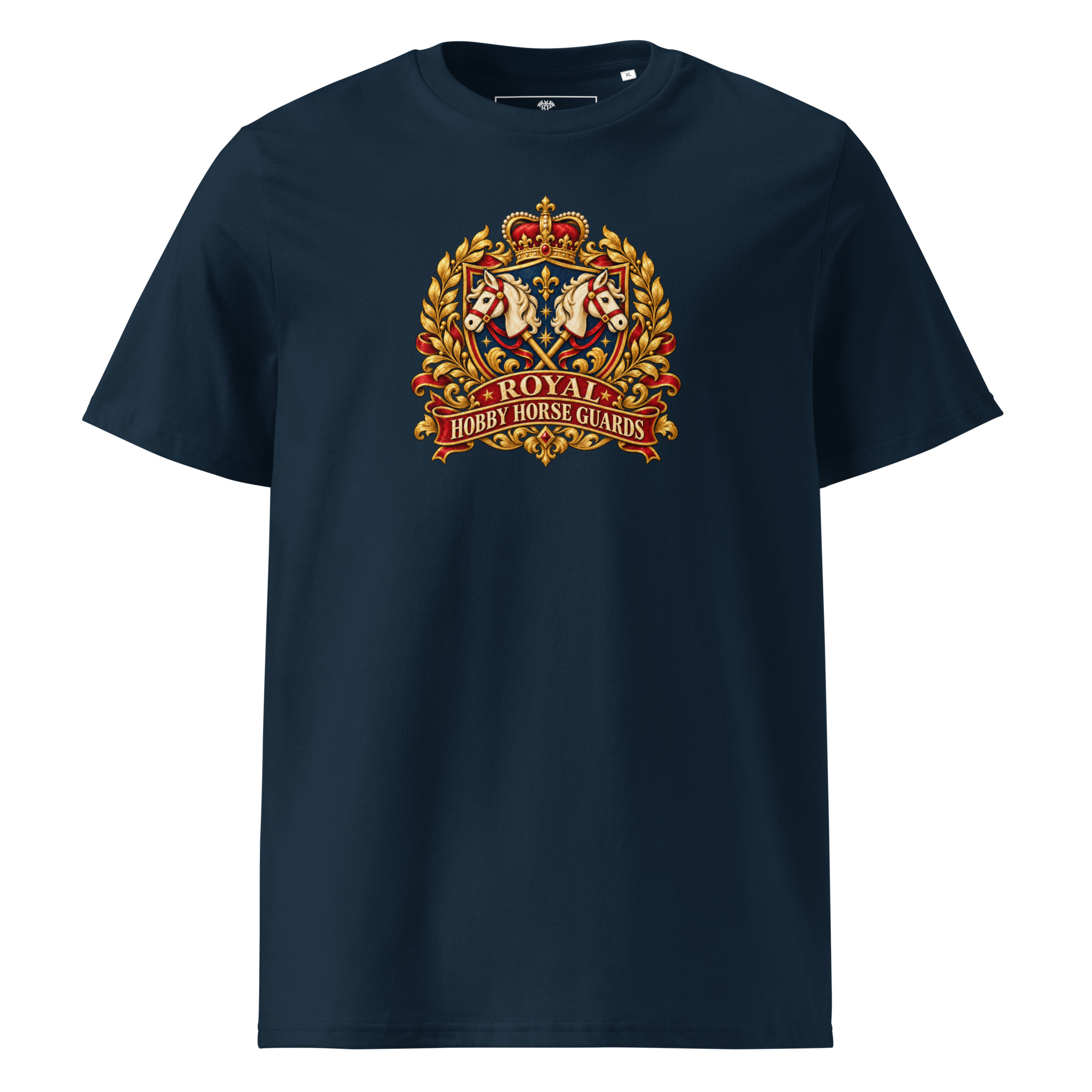Hobby Horse T-Shirt mit Royal Hobby Horse Guards Vintage-Wappen und gekreuzten Hobby Horses in French Navy