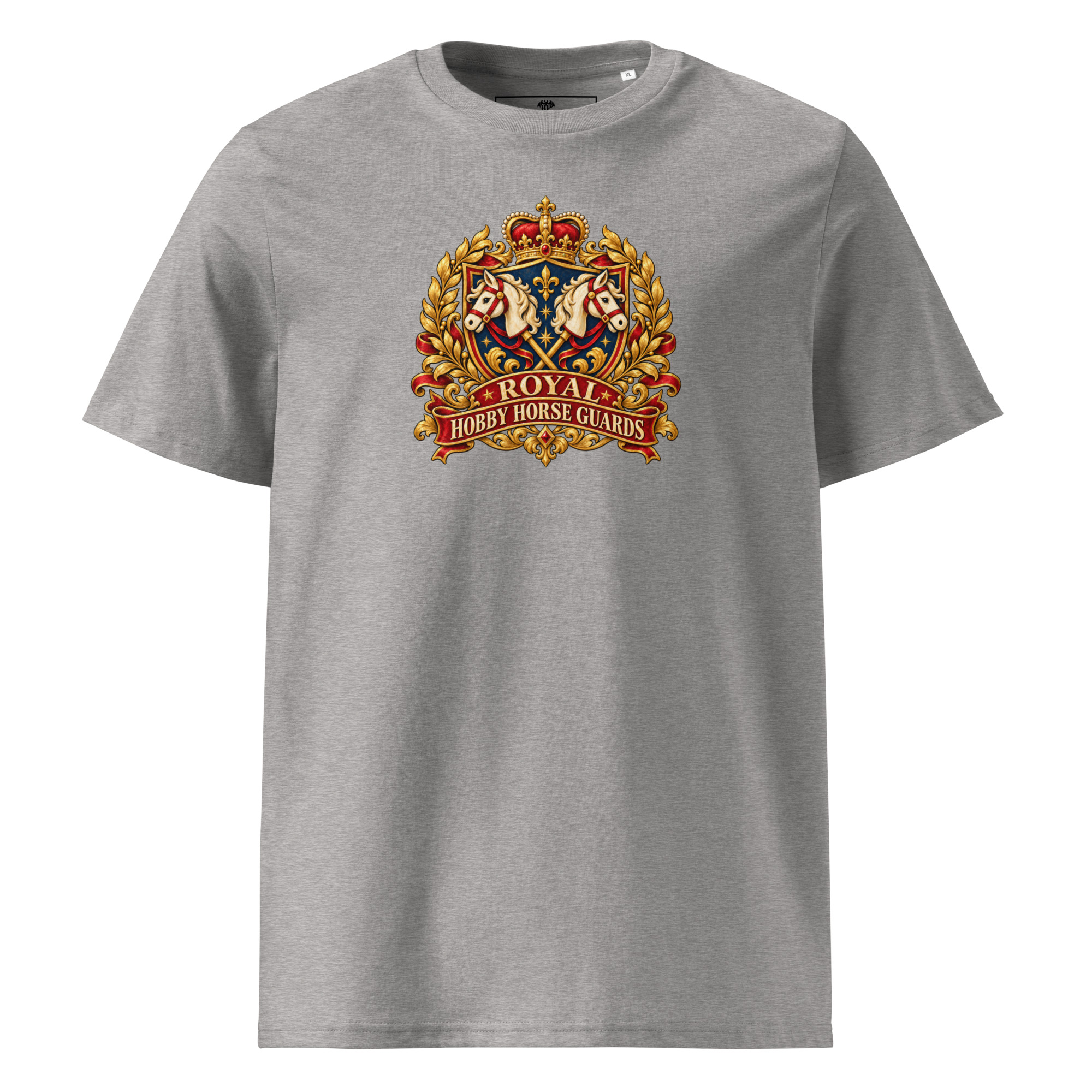 Hobby Horse T-Shirt mit Royal Hobby Horse Guards Vintage-Wappen und gekreuzten Hobby Horses in Heather Grey