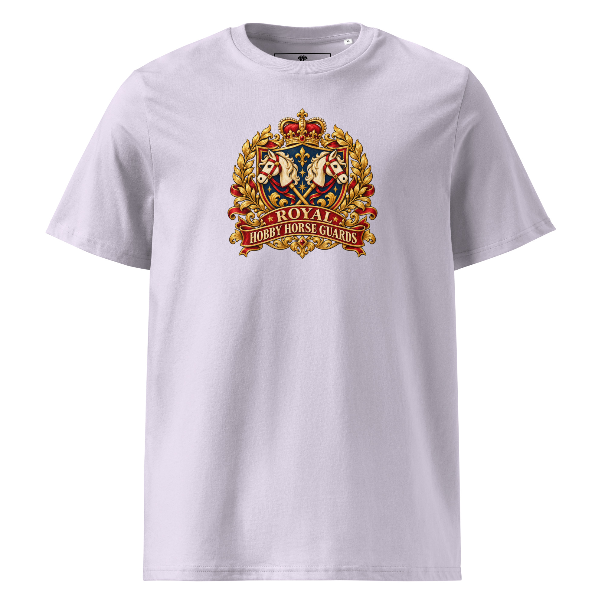 Hobby Horse T-Shirt mit Royal Hobby Horse Guards Vintage-Wappen und gekreuzten Hobby Horses in Lavender