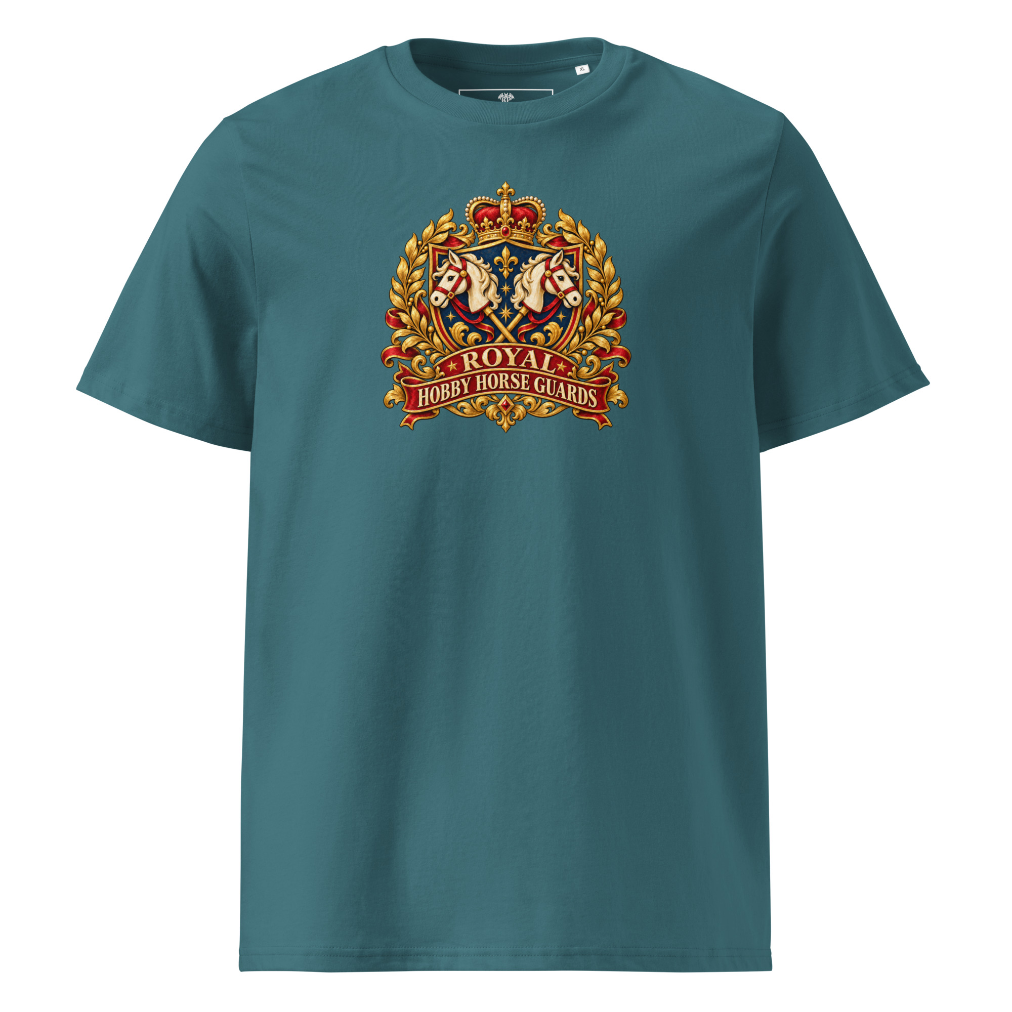 Hobby Horse T-Shirt mit Royal Hobby Horse Guards Vintage-Wappen und gekreuzten Hobby Horses in Stargazer