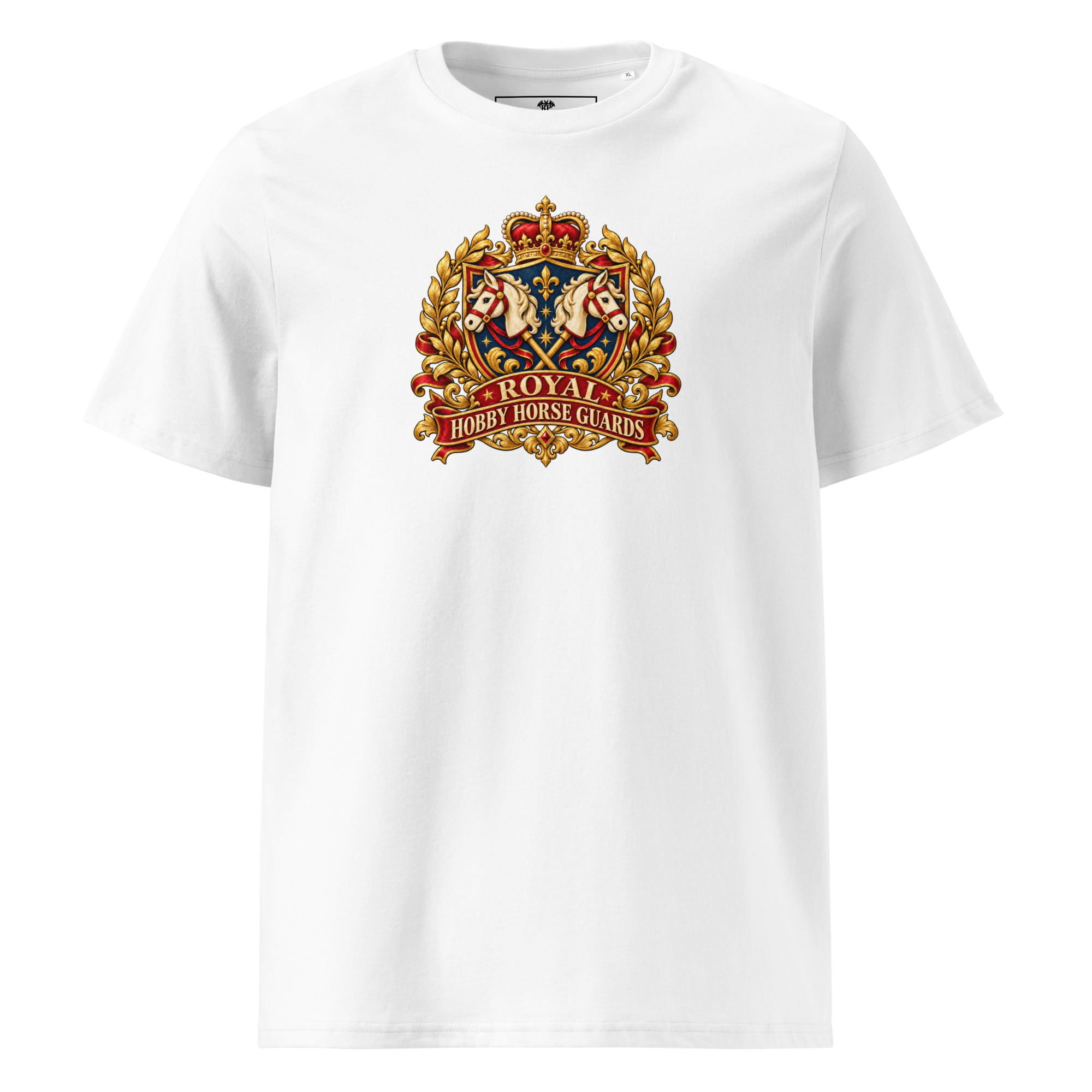 Hobby Horse T-Shirt mit Royal Hobby Horse Guards Vintage-Wappen und gekreuzten Hobby Horses in Weiß