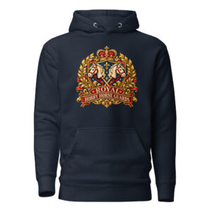 Hobby Horse Hoodie mit Royal Hobby Horse Guards Vintage-Wappen und gekreuzten Hobby Horses in Navy Blazer