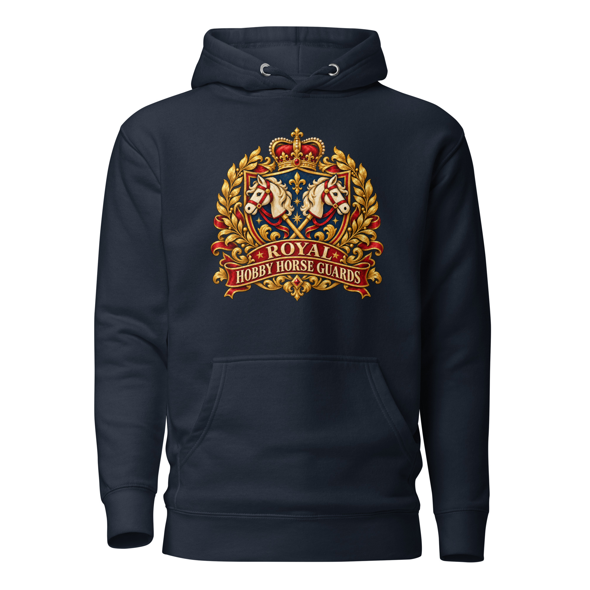 Hobby Horse Hoodie mit Royal Hobby Horse Guards Vintage-Wappen und gekreuzten Hobby Horses in Navy Blazer